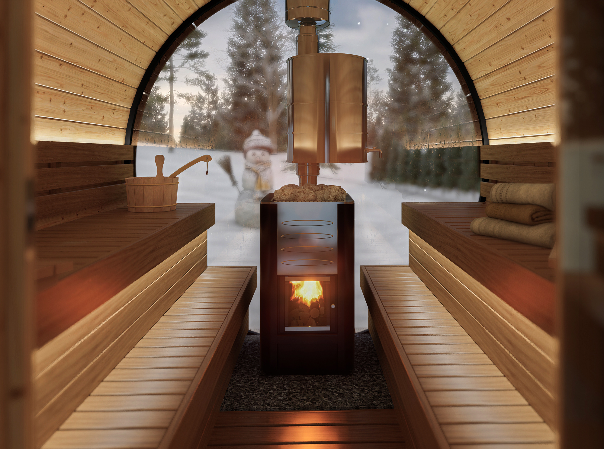 Interior of a wooden barrel sauna with benches on both sides, a wood-burning stove in the centre, and snow-covered trees visible through a large round window at the end. Ideal for an outdoor sauna retreat, with a sauna bucket and towels on the benches.
