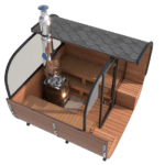 A 3D-rendered barrel sauna pod with a shingled roof, glass door, interior benches, and a metal wood-burning stove with chimney, displayed in a cutaway view to show the inside, perfect as an outdoor sauna for your garden.