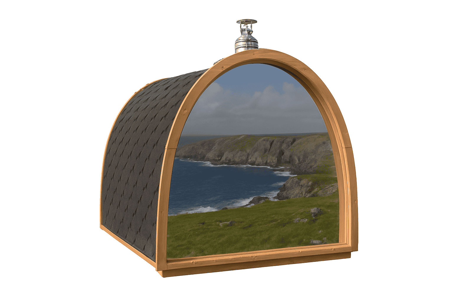 A wooden-framed, arched outdoor sauna with a tiled roof displays a scenic coastal landscape with cliffs, grassy hills, and the sea on its front surface. A silver fitting is attached to the top.