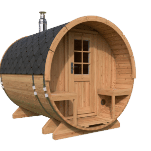 The Barrel Sauna 2.7m features a shingled roof, small front porch, two benches, a windowed door, metal bands, and chimney—bringing rustic charm to your garden and providing a cosy retreat after a cold plunge tub session.
