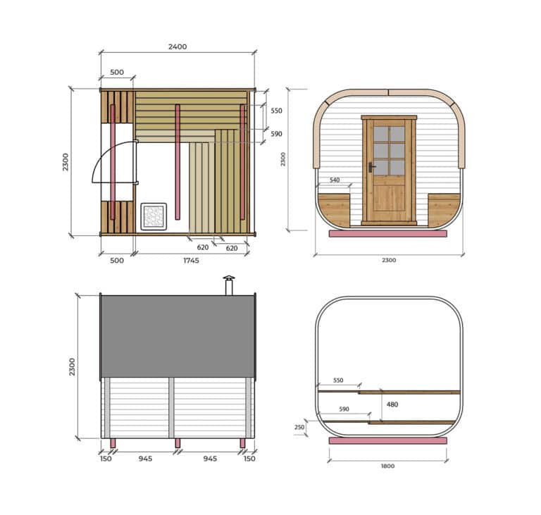 Technical drawing of a small wooden cabin inspired by a barrel sauna, with four views: front, side, top, and interior cross-section. Dimensions and structural details are labelled, showing a door, windows, and a curved roof.