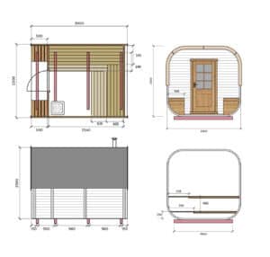 Technical drawing of a small rectangular cuboid sauna with a front door, side windows, and interior bench. Includes front, side, and top views with detailed measurements in millimetres.