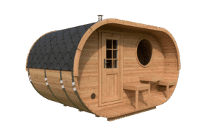 The Oval Sauna 4.0m features a shingled roof, small front porch, circular window, and rectangular door—adding a cosy touch to your garden. Relax on the porch and enjoy the unique outdoor sauna experience.