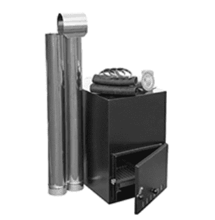 Black metal smoker with its door open, two metal chimney pipes, a coiled wire, and a temperature gauge arranged on a white background—perfect for pairing with your barrel sauna or outdoor sauna experience. Black metal smoker with its door open, two metal chimney pipes, a coiled wire, and a temperature gauge arranged on a white background—perfect for pairing with your barrel sauna or outdoor sauna experience.